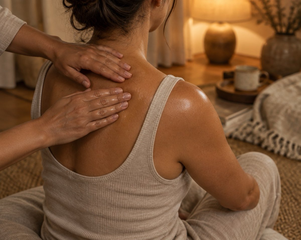 Hands working massage oil into a shoulder
